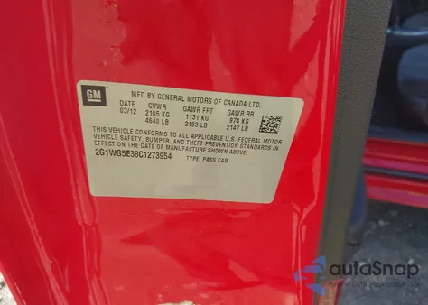 2012 Chevrolet Impala Lt из США, поврежденный, VIN 2G1WG5E38C1273954